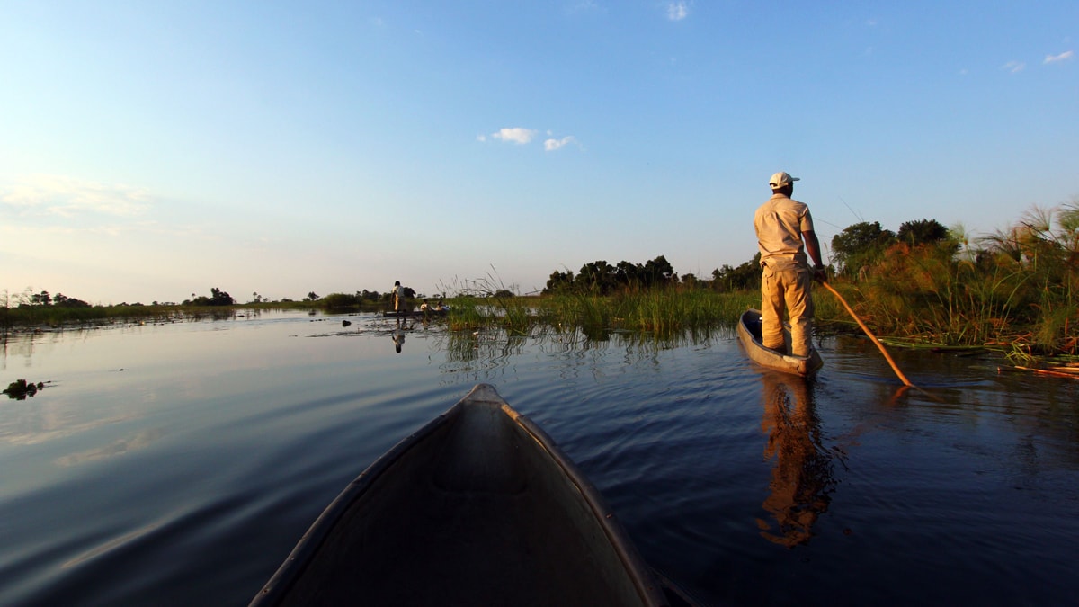 man on canoe in Botswana waterways